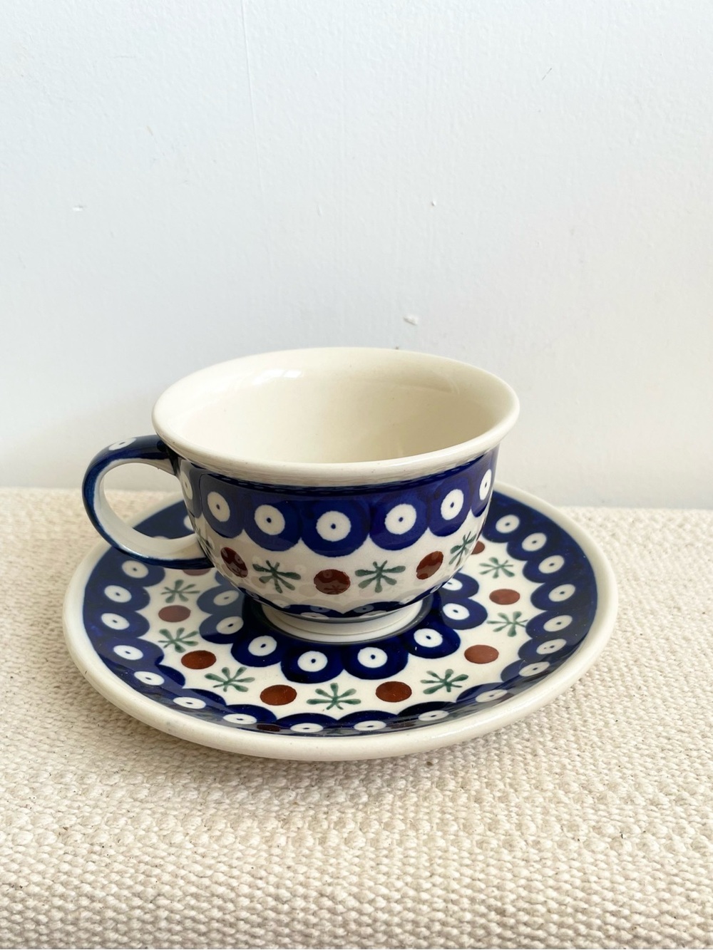Boleslawiec Polish Pottery Peacock Blue Eyes Tea Coffee Cup Saucer